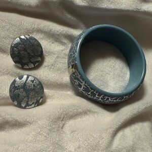 Vintage Fabric Denim Blue and Silver Bangle Bracelet and Clip On Earring Set